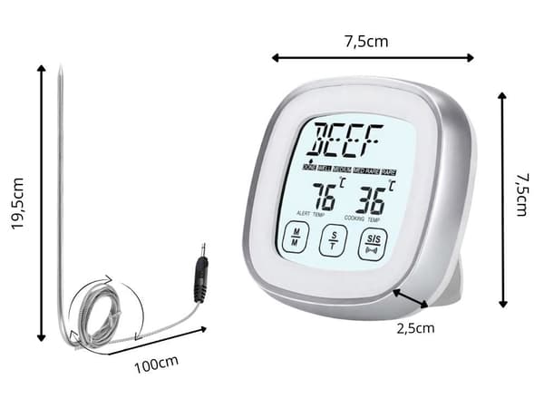 Digitalt køkkentermometer med probe, rustfrit stål, -20°C til 300°C, LCD-display Silver