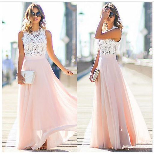 Dame Kjole med Blonde Panel og Chiffon PINK M