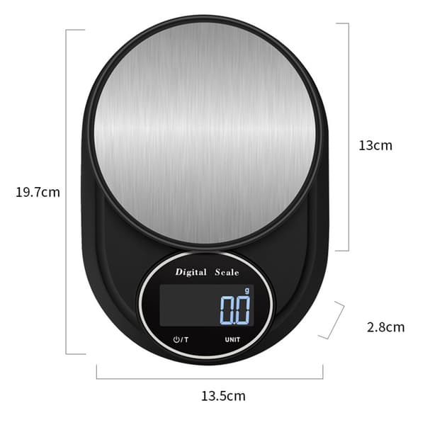 Digital køkkenvægt 5 kg/0,1 g præcision, platform i rustfrit stål, sølv