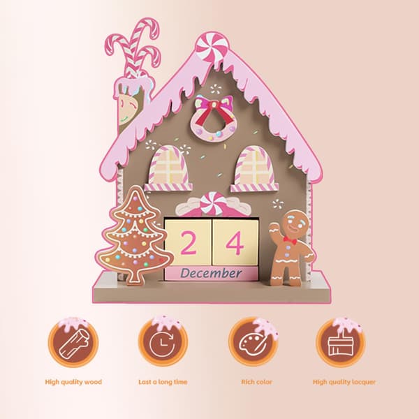 Skrivebordskalender i tre med pepperkake, julekalenderdekorasjon, 7,09x5,91x2,56 tommer