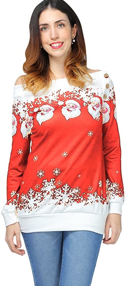 Off-Shoulder Tyk Striktrøje, Rød, Størrelse S, Julemønster, Langærmet
