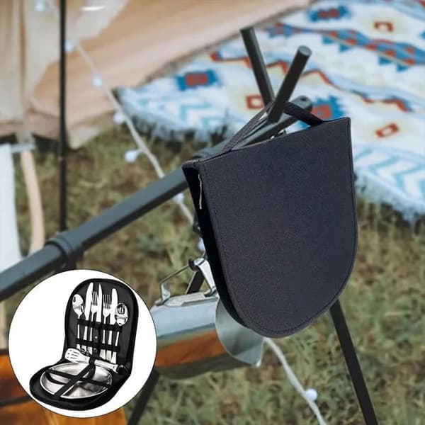 Bestikssæt i rustfrit stål til camping, bærbart picnictøj med ske, gaffel, kniv og tallerken