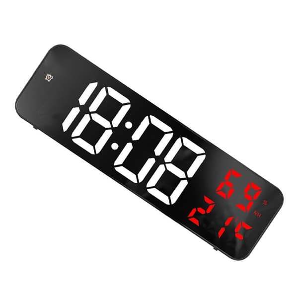 Stor digital LED-väckarklocka, spegeldisplay, väggmonterad med stickkontakt, vit och röd