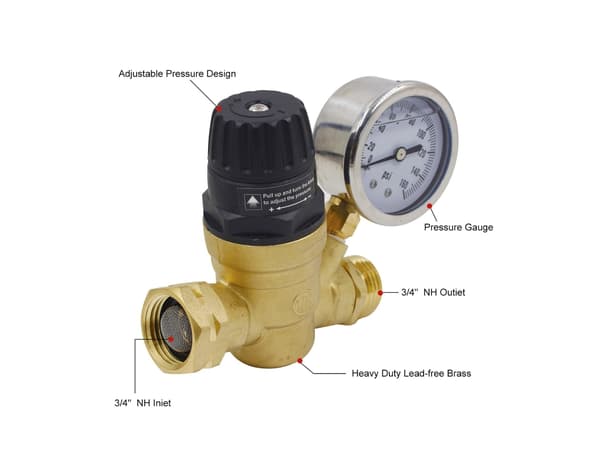 Messing RV vandtryksregulator med justerbart håndhjul og manometer, 0-160 PSI flowkontrolventil til autocamper trailer