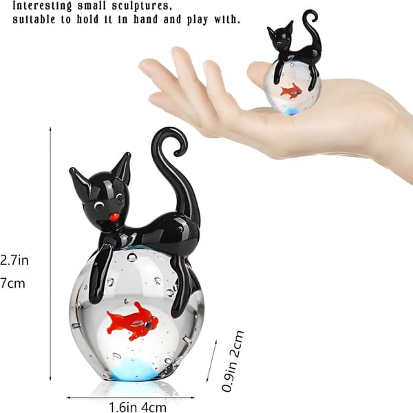 Håndblæst glas sort kattefigur, mini katte- og fiskeskulptur, samlerobjekt boligindretning, gave til katteelskere
