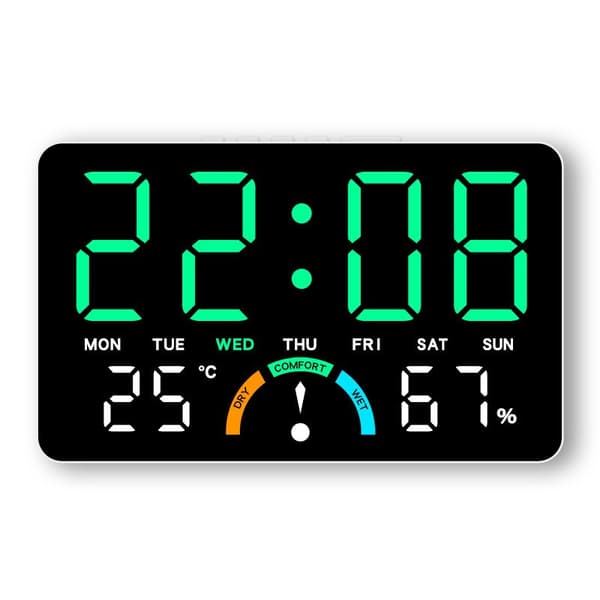 LED Digital Väckarklocka, Temperatur- och Luftfuktighetsdisplay, Stor Skärm, Väggmontering eller Bordsmodell, Modern Gh9007 white shell green light