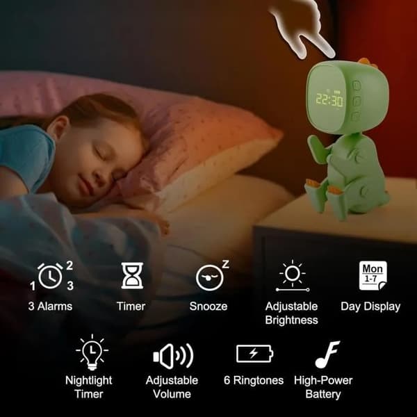 Dinosaur Vækkeur til Børn, Grøn, Genopladeligt med Natlys, Snooze & Timer