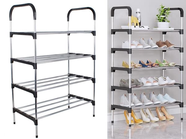 4-etasjes skostativ, rommer opptil 12 par, aluminium, utvidbart, enkel montering