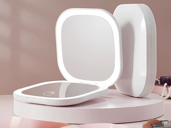 LED makeup spejl med 5x forstørrelse, foldbart, kompakt, genopladeligt, 3 lystilstande, rejse