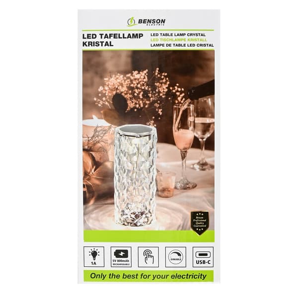 LED Bordlampe, Krystal, Genopladelig, 3 Farvetemperaturer, USB-C, 15cm