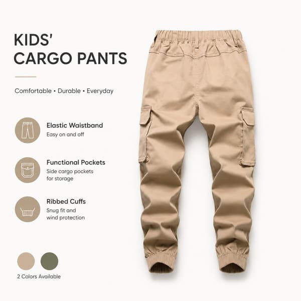 Drenge Cargo Bukser, Slim Fit Joggers, Elastik Talje, Khaki, Bomuldsblanding
