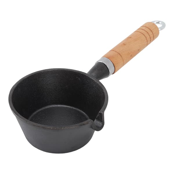Mini stekepanne i støpejern for egg, forhåndskrydret, solid trehåndtak, 11x5cm, innendørs og utendørs