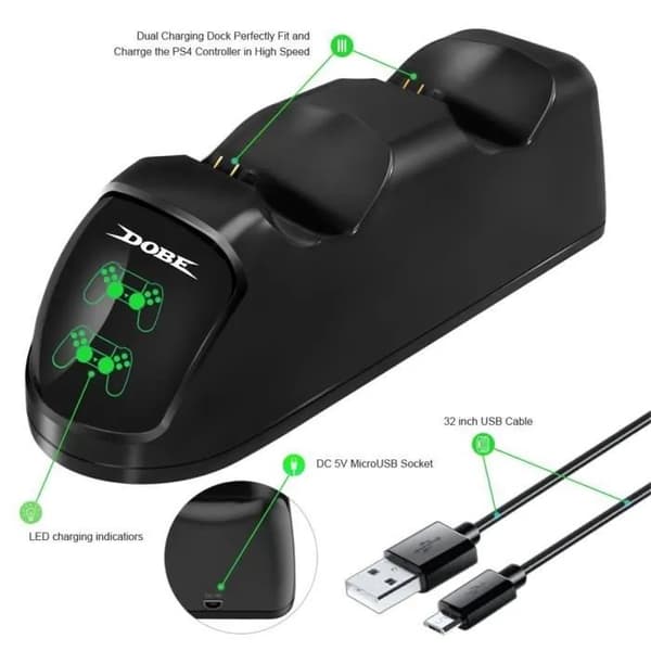PS4 Dual USB-opladningsdock med LED-indikator, ladestation til PS4/PS4 Slim/PS4 Pro-controller, sort