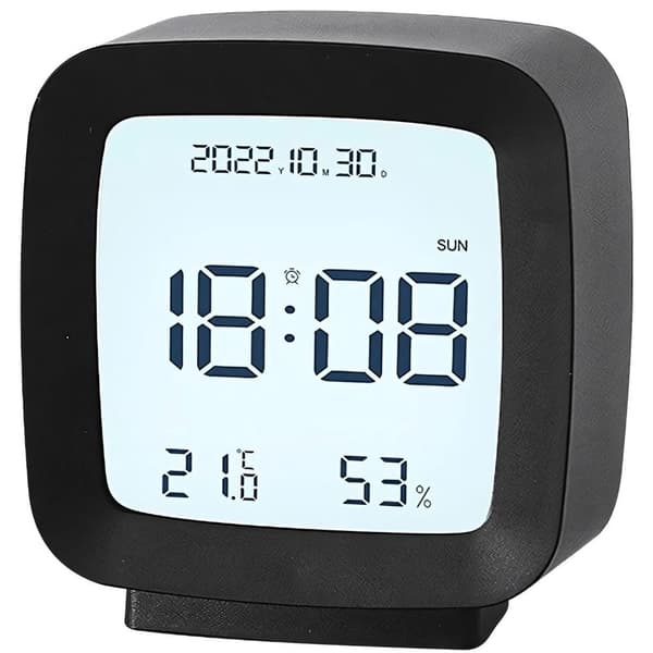 Väckarklocka med datum, temperatur och luftfuktighet, LCD-display, snooze-funktion, svart Black