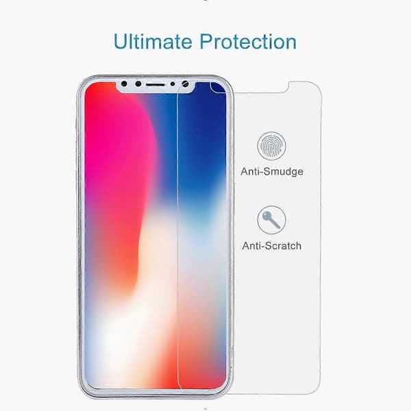 För iPhone X 9H ythårdhet 2.5D transparent härdat glas fram + bak skärmskydd