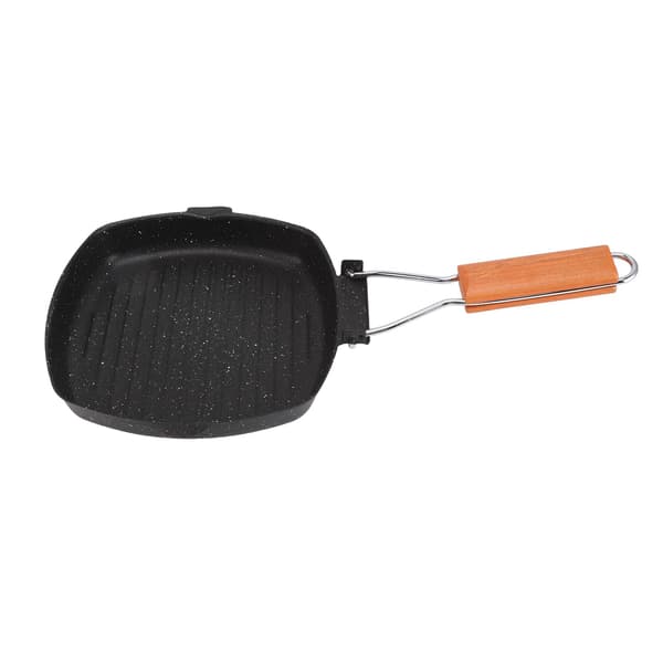 Sammenleggbar stekepanne 20x20cm, bøk håndtak, non-stick striper, biff- og grillpanne, utendørs