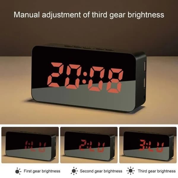 Modern bärbar LED-väckarklocka, svart, elektrisk med kabel, snooze, temperaturvisning