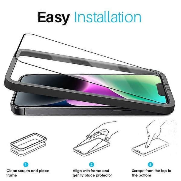 NORTHJO 2 st A+ kompatibel med iPhone 14 skärmskydd med installationsram 2.5D högaluminium-kiselglas