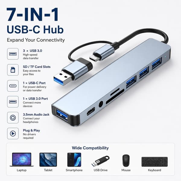 USB-C-hubbadapter för bärbar dator, 8-i-1, grå, aluminium, höghastighet 5 Gbps, modell 2218TU