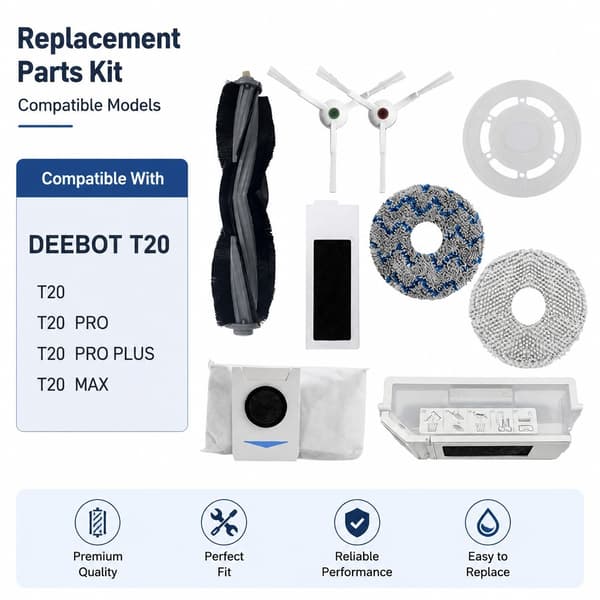 Ecovacs T20 Pro Max Plus -lisävarustesarja, 1 rullaharja, 2 suodatinta, 2 sivuharjaa, 2 moppityynyä, 2 pölypussia
