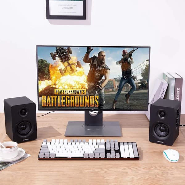 60W kulfiber reolhøjttalere, Bluetooth 5.0 aktiv stereo, 24-bit DAC med diskant- og basjustering