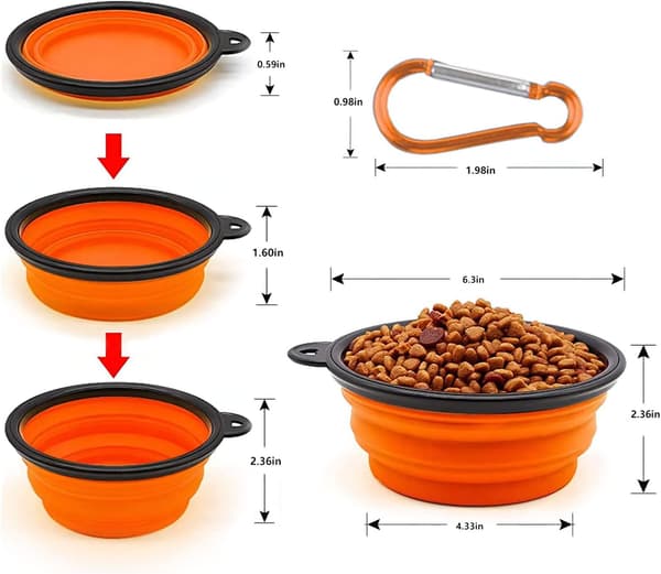 Sammenklappelig bærbar hundeskål til katte og hunde, foder- og vandskål til kæledyr med karabinhage Orange Medium(650ML)