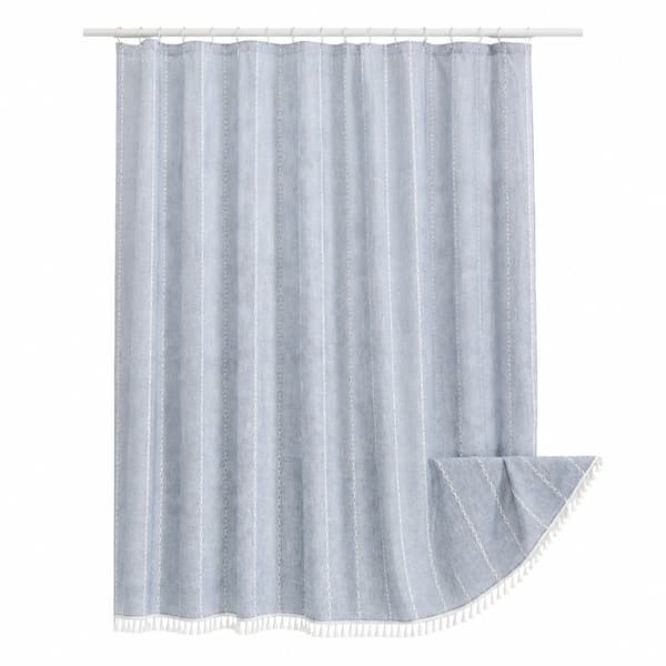 Blå Boho Stof Bruseforhæng, Bondegårdsstil Polyester Linned, Kvast, Rustik Badeværelsesindretning, 72x72