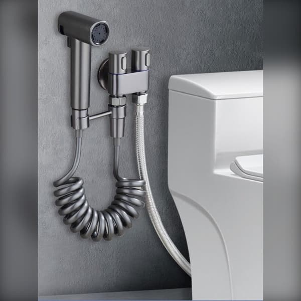Bidet-sprøyte for toalett, dobbel kontrollventil, 2m slange, håndholdt, grå