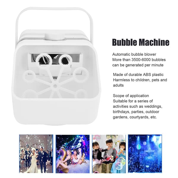 Elektrisk bubbelmaskin, USB-driven, automatisk bubbelblåsare, leksak för inomhus- och utomhusfester, vit