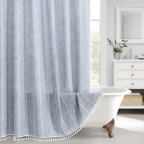 Blå Boho Stof Bruseforhæng, Bondegårdsstil Polyester Linned, Kvast, Rustik Badeværelsesindretning, 72x72