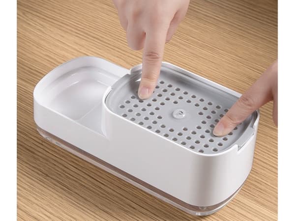Opvaskemiddeldispenser til køkkenvask, med svampeholder, plastik, nem at rengøre