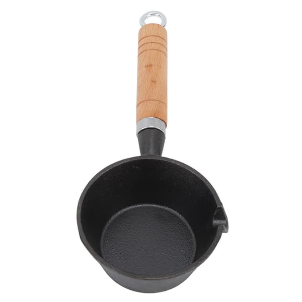 Mini stekepanne i støpejern for egg, forhåndskrydret, solid trehåndtak, 11x5cm, innendørs og utendørs
