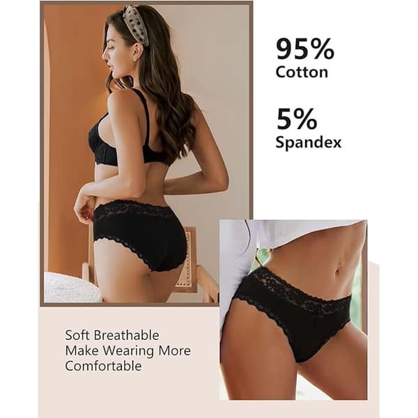 Bikinitruser i bomull med blonde for kvinner, 6-pakning, hipster-truser, S-XL m