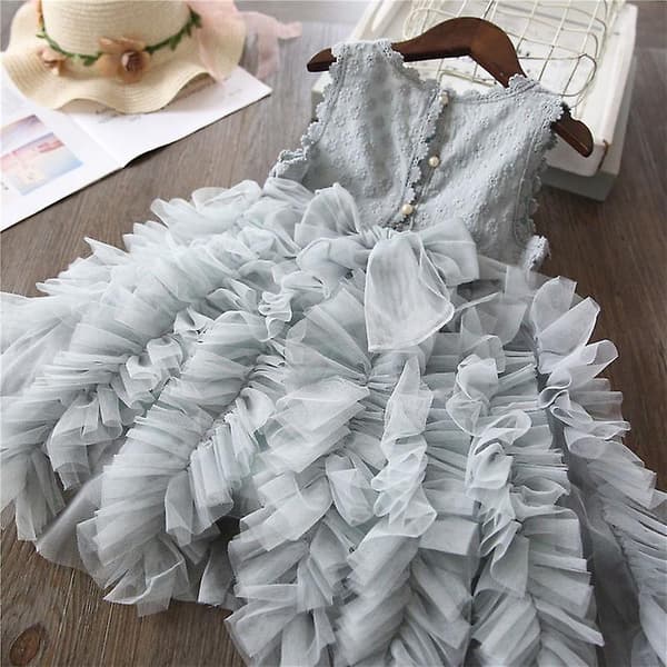Flickor Broderad Brudtärna Prinsessa Tyllklänning Bröllopsfest Balklänning GREY 140CM