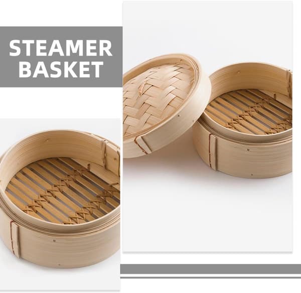 22 cm Naturlig Håndvævet Dampkurv med Låg til Ris, Dumplings og Bao Buns