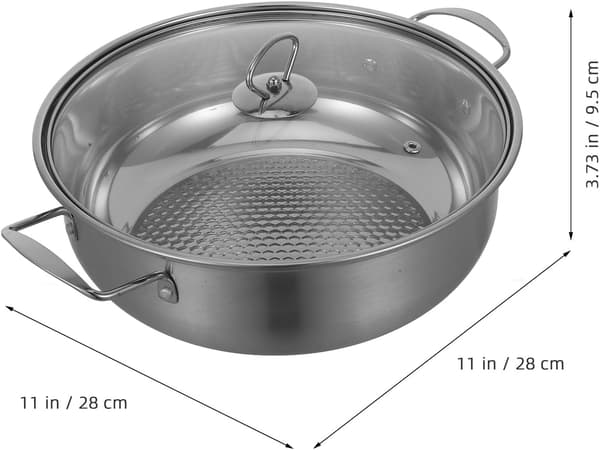 Rustfrit stål tyk hot pot 28 cm med låg, suppegryde til suppe og shabu, velegnet til induktion og gaskomfur
