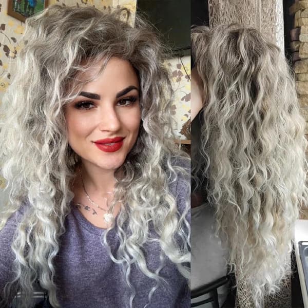 28 tommer lang Ombre Blond Krøllet Paryk til Kvinder - Gradient Askeblond Syntetisk Hår