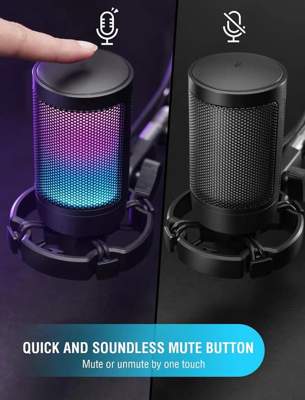 A6V RGB Kondensator Gaming Mikrofon til PC, Kardioid, Hurtig Mute, Gain-knap - Sort