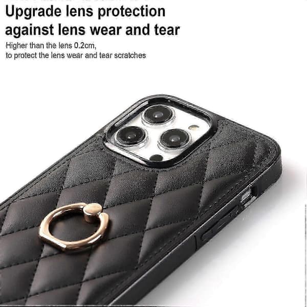 PU Läder+TPU Telefonfodral för iPhone 13 Pro Max, Sydd Romber Ringhållare Ställ Telefonöverdrag Black