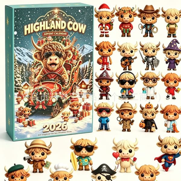 Highland Cow Adventskalender 2026, Julnedräkning Blind Box, PVC-samlarobjekt Highland cattle 2026 model