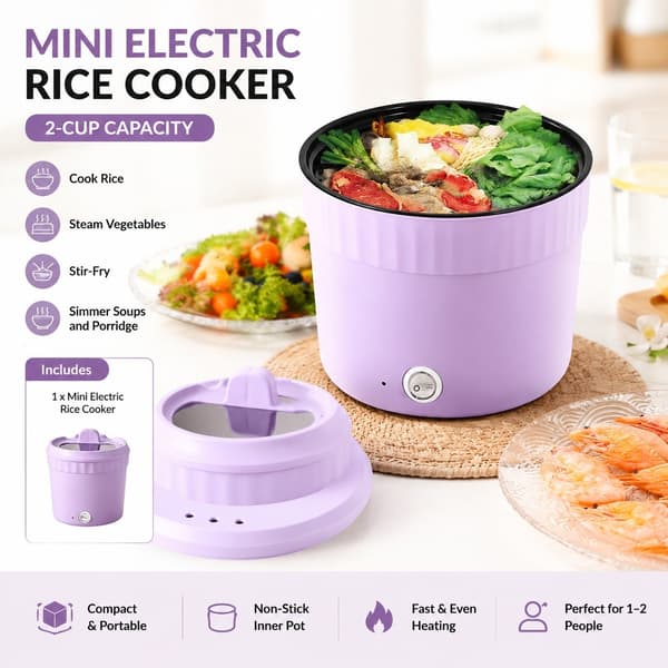 Mini elektrisk riskoker 2-kopps, lilla, kompakt bærbar, non-stick, rask oppvarming for hybel og reise