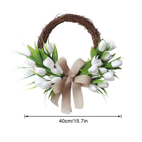 Vit tulpan sidenblomsterkrans, 40 cm diameter, för hemdörr väggdekoration