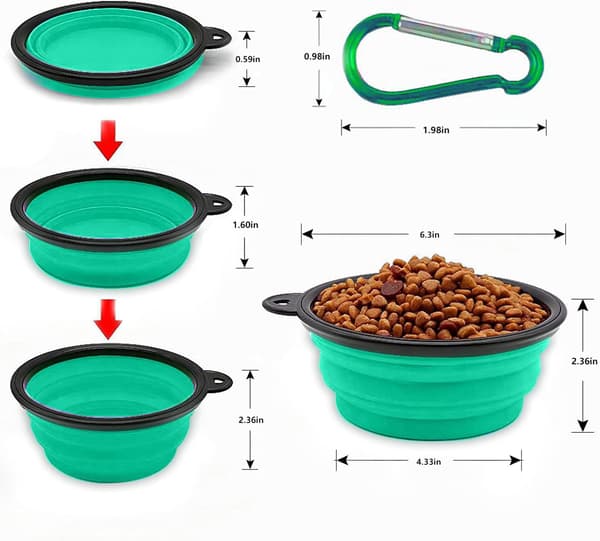 Sammenklappelig bærbar hundeskål til katte og hunde, foder- og vandskål til kæledyr med karabinhage light green Medium(650ML)