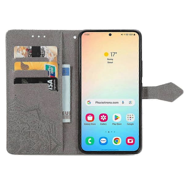 Wallet Case til Samsung Galaxy S25 Mandala Blomst Læder Telefon Cover Stativ - Sort Grey