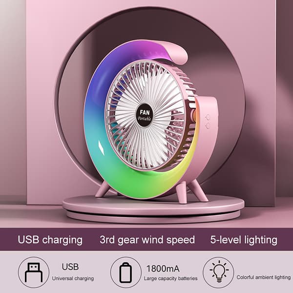 6-tommer USB Genopladelig Bordventilator med Farverige Lys, Pink, til Hjemmet