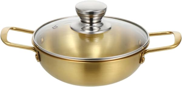 Rustfrit Stål Nudelgryde 20cm Mellemstor Gryde med Låg af Hærdet Glas, Guldfinish