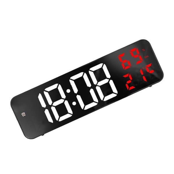 Stor digital LED-väckarklocka, spegeldisplay, väggmonterad med stickkontakt, vit och röd
