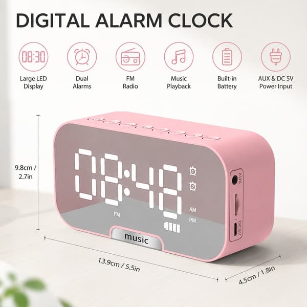 5-in-1 monitoiminen herätyskello, Bluetooth-kaiutin, radio, lämpötilanäyttö