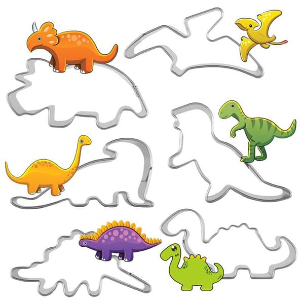 Dinosaurformet kiksform, rustfrit stål, 6-delt sæt, bageværktøj