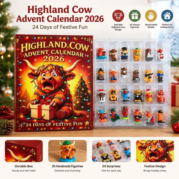 Høylandsfe Julekalender 2026, 3D Håndlaget PVC-figur, Moderne Dekor Style A